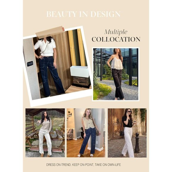 Women Four Leaf Clover Casual Mid Waist Stretch Button Wide Leg Denim Cargo Pant - Picture 6 of 6